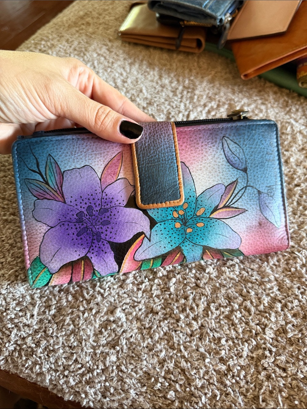 Anuschka Hand Painted Leather Large Organizer Wallet Floral Lilies Colorful
